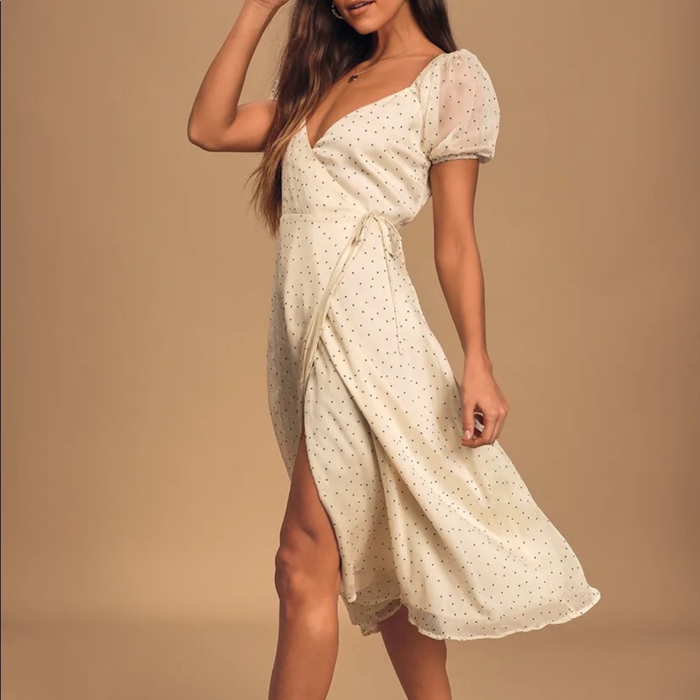 Lulus Well Spotted Cream and Black Polka Dot Wrap Midi Dress